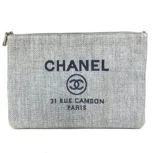 CHANEL Logo Deauville pouch bag Clutch bag Canvas blue